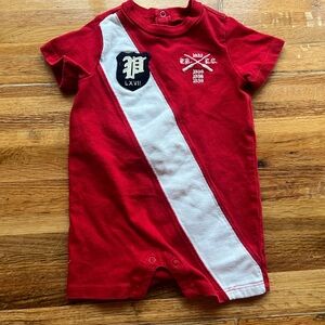 Ralph Lauren 1 Piece Shortall Romper Red w/Dia White Stripe Patch Size 3 Month
